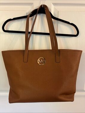 Michael Kors Cognac Brown Saffiano Leather Tote with MK Medallion